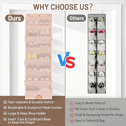 7 Tier Over The Door Shoe Organizer, Hanging Shoe Rack for Closet with Dustproof Mesh Curtain & 6 Side Pockets, Behind The Door Narrow Shoe Holder Hanger for Sneakers, Boots (Beige)