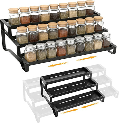 3-Tier Spice Rack Organizer, 13"-21.5" Expandable Spice Organization Shelf, Metal Seasoning Organizer for Kitchen Countertop or Pantry, Slip-Resistant Design for Jars and Bottles, Black