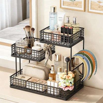 AMANKA 3-Tier Metal Cosmetic Organizer,Cosmetic storage rack for vanity tables,Multipurpose Metal Bathroom Organizers and Storage, Use Countertop Organizer for perfume/makeup/Vegetables (BLACK 2)