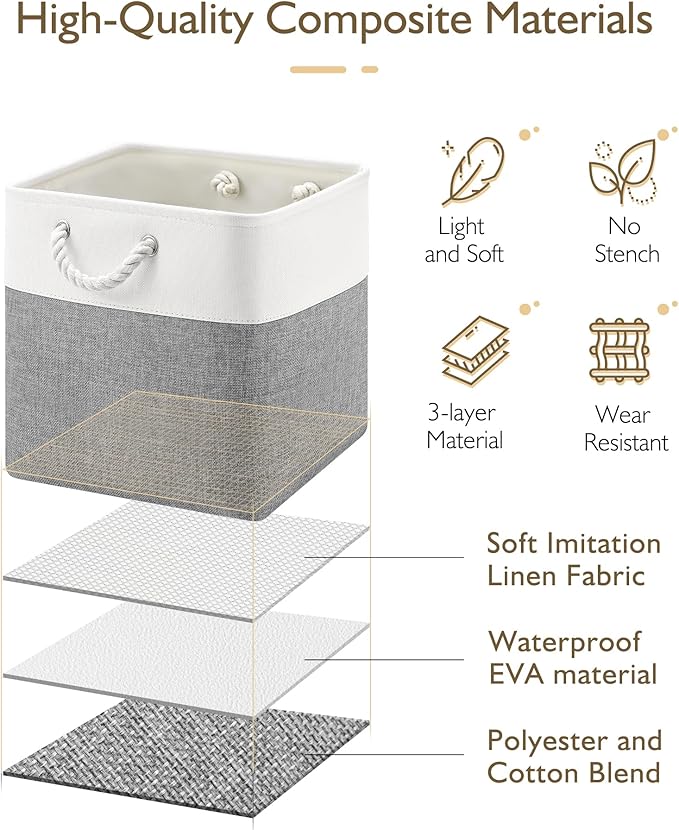 Patvingot 13x13x13 Cube Storage Bins,4 Pack Large Foldable Fabric Storage Cubes with Handles for Organizing Home, Closet, Shelf, Office(White&Gray)