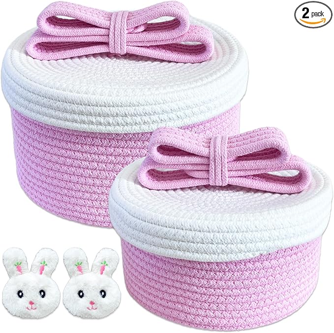 Cute Storage Baskets with Lids, Small Round Woven Rope Basket with Lid, Small Toy Box for Kids or Cat, Cute Basket for Gift, Decorative Basket with Chic Bow Handle, Pink