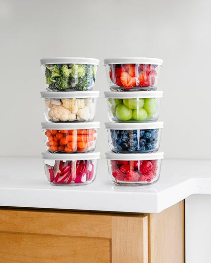 16-Piece Glass Food Storage Containers Set (8 Containers + 8 BPA-Free Lids) | 1-Cup, Leakproof | Microwave, Freezer, Oven & Dishwasher Safe | Ideal for Meal Prep & Pantry Organization, White