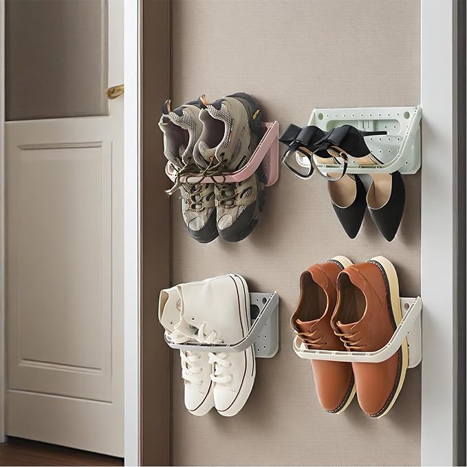 4Pcs Wall Mounted Shoes Rack, Foldable Hanging Shoe Rack Organizer Shoe Storage for Slippers, High Heel, Leather Shoes, Sneaker, Sandal(Blue)