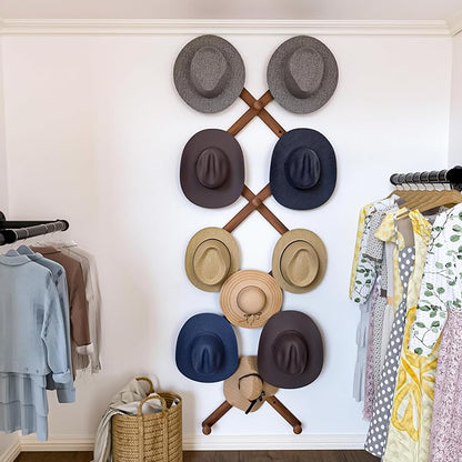 SKOLOO Large Hat Rack for Wall, Wooden Accordion Wall Hanger, Modern, Expandable Coat Hooks, Hat Display Rack for Home, Office, and Studio, 14 Peg, Dark Walnut