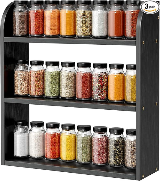 ROMGUAR CRAFT 3 Tier Bamboo Spice Rack, Countertop or Wall Mounting Wood Spice Jars Organizer Shelf for Kitche, Pantry (Black)