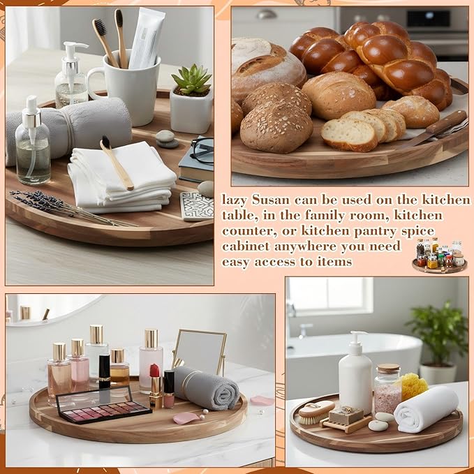 20'' Wood Lazy Susan for Countertop Acacia Large Turntable Rotating Serving Tray for Table Top Non Skid Kitchen Tray Revolving Condiment Spice Rack Table Organization Storage, Natural