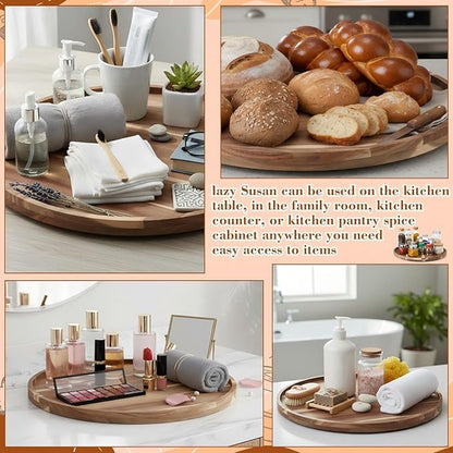 20'' Wood Lazy Susan for Countertop Acacia Large Turntable Rotating Serving Tray for Table Top Non Skid Kitchen Tray Revolving Condiment Spice Rack Table Organization Storage, Natural
