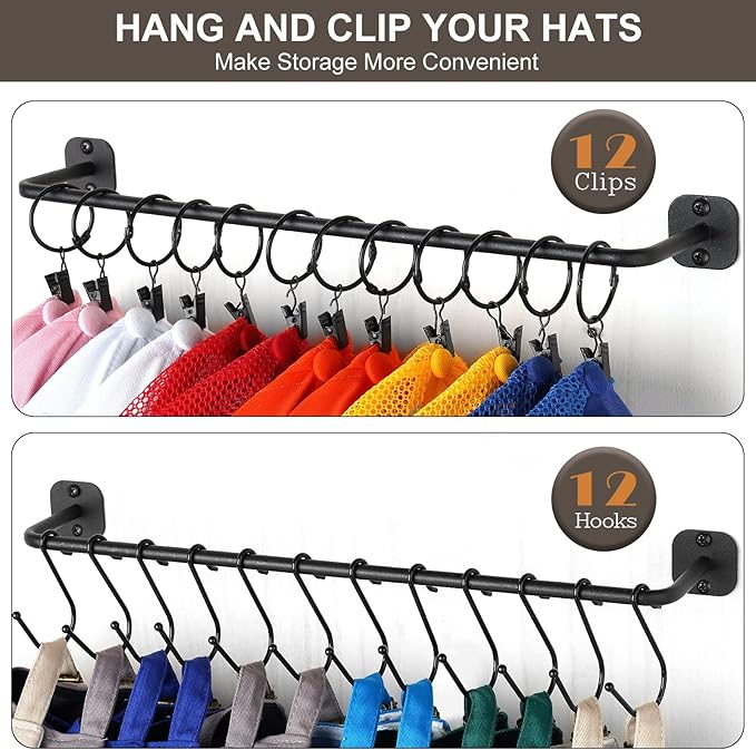 Hat Rack Wall Mount 24 Baseball Caps, Modern Metal Hook with 12 Clips and 12 Hooks Holder Storage Display for Closet Bedroom Entryway Laundry, 2 Pack Black