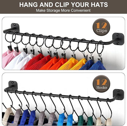 Hat Rack Wall Mount 24 Baseball Caps, Modern Metal Hook with 12 Clips and 12 Hooks Holder Storage Display for Closet Bedroom Entryway Laundry, 2 Pack Black