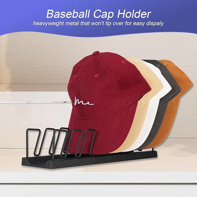 7-Cap Baseball Hat Organizer & Storage | Tabletop Metal Hat Rack Stand for Closet, Dresser, Vanity | Snap Assembly Cap Holder, Black Space-Saving