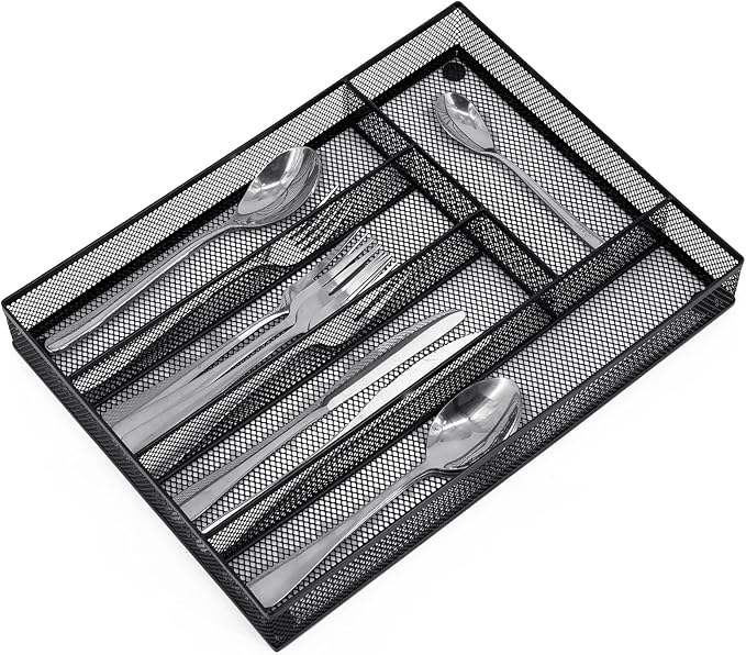 Neudeco Silverware Drawer Organizer - 5 Compartment Cutlery Tray with Non-Slip Feet, Mesh Wire Flatware Storage Divider for Kitchen, Bedroom, Living Room (Black)