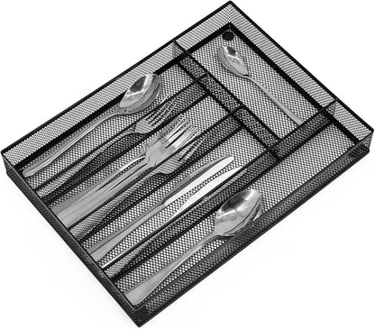 Neudeco Silverware Drawer Organizer - 5 Compartment Cutlery Tray with Non-Slip Feet, Mesh Wire Flatware Storage Divider for Kitchen, Bedroom, Living Room (Black)