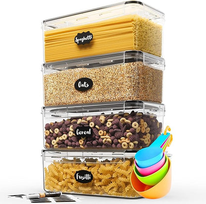 Chef's Path Airtight Food Storage Containers with Lids (Set of 4/3.6 Liters Each), Plastic Spaghetti Container for Pasta & Dry Food Storage, BPA Free Pantry Organizer Set with Kitchen Accessories