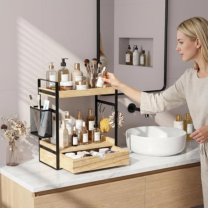 2-Tier Bathroom Counter Organizer with Drawer Basket and Hooks, Wood Bathroom Organizers and Storage for countertop, Farmhouse Brown Countertop Organizer, Counter Shelf for Vanity, Kitchen, Office