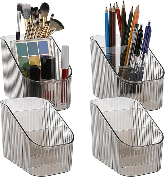 4 Pcs Vintage Striped Make Up Brush Holder, 3 Slot Makeup Brush Cup Large Capacity Makeup Brush Holder Cosmetic Display Case for Vanity Decor Hairbrush Bathroom Countertop Organizer, Gray
