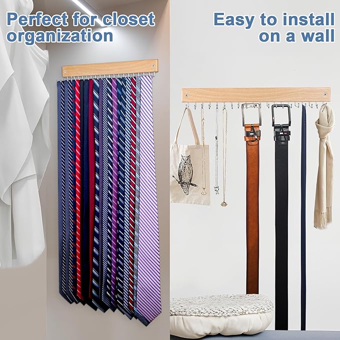 Belt and Tie Organizer for Closet, Tie and Belt Rack Wall Mounted with 20 Storage Hooks, Non Slip 180 Degree Rotating Tie Holder Belt Hanger for Closet / Wall Mount