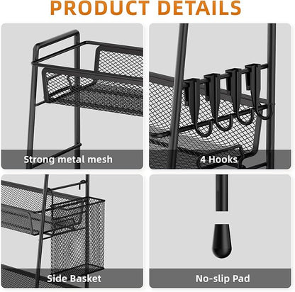 VITVITI 3-Tier Bathroom Organizer Countertop, Metal Wire Mesh Bathroom Counter Organizer Storage with Basket Hooks, Vanity Tray Shelf, Kitchen Spice Rack (Black)