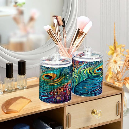 2 Pack Qtip Holder Dispenser for Cotton Ball Peacock Feathers Rainbow Feathers Blue Swab Round Pads Clear Plastic Acrylic Jar Set Bathroom Canister