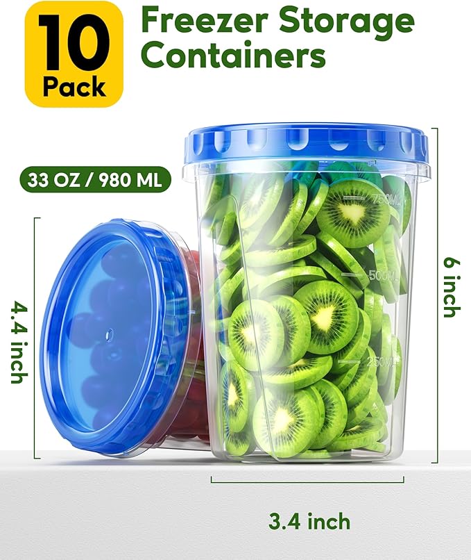 Canfanni 10 Pack-33oz Freezer Storage Containers Set, Plastic Food Storage Containers with Twist Top Lids, BPA Free Stackable Soup Containers for Overnight Oats/Salad/Leftover/Soup/Ice Cream