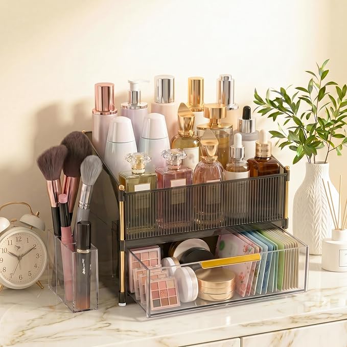Large Capacity Makeup Organizer Countertop with Brush Holder, Vanity Skincare Perfume Storage Box for Bathroom, Mother's Day Birthday Anniversary Teen Girl Gifts for Women Mom