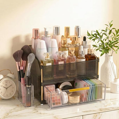Large Capacity Makeup Organizer Countertop with Brush Holder, Vanity Skincare Perfume Storage Box for Bathroom, Mother's Day Birthday Anniversary Teen Girl Gifts for Women Mom