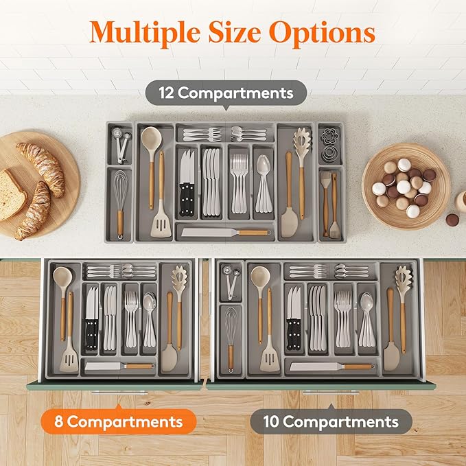 Lifewit Silverware Organizer, Plastic Kitchen Utensil Drawer Tray, Cutlery Flatware Storage Holder for Spoons Forks Knives, 20 x 16"/ 52 x 42cm, 8 Compartment, Gray