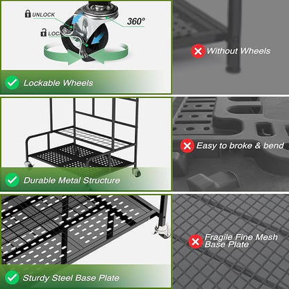 Garden Tool Organizer Rack with Wheels Up to 39 Tools, Heavy-Duty Steel Yard Tool Organizer for Garage Storage with 12 Hooks, Broom Holder & Garden Tool Rack for Shed, Patio, Outdoor Use, Black