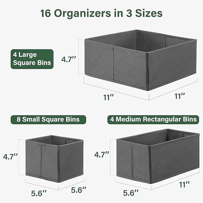 Kootek 16 Pack Drawer Organizer Clothes, Dresser Drawer Organizers for Clothing Fabric Foldable Closet Organizers and Storage Bins for Baby Clothes, Nursery, Underwear, Bras, Socks