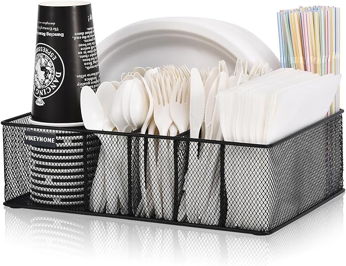VIKEYHOME Paper Plate Organizer for Countertop, Metal Silverware Caddy with 6 Compartments for Cup, Napkin, Utensil Holder Caddy for Party, Camping, Picnic