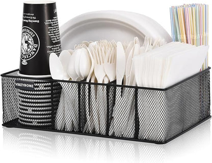 VIKEYHOME Paper Plate Organizer for Countertop, Metal Silverware Caddy with 6 Compartments for Cup, Napkin, Utensil Holder Caddy for Party, Camping, Picnic