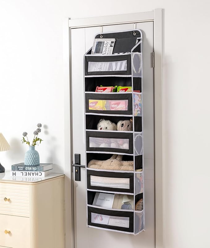 Over The Door Storage Organizer - 5 Shelf Hanging Organizer with 10 Side Pockets, 48 lbs Load Capacity (Anti-Tilt, Clear Windows & Hooks) for Bathroom, Bedroom, Kitchen,Nursery (Black, 1 Pack)
