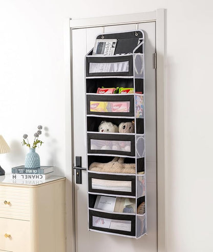 Over The Door Storage Organizer - 5 Shelf Hanging Organizer with 10 Side Pockets, 48 lbs Load Capacity (Anti-Tilt, Clear Windows & Hooks) for Bathroom, Bedroom, Kitchen,Nursery (Black, 1 Pack)