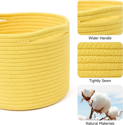 MiniArk Small Basket for Organizing | Cube Shelf Closet Storage Baskets | 9.7×9.7×7.1” | Woven Rope Gift Basket | Nursery | Round 3 Packs Yellow