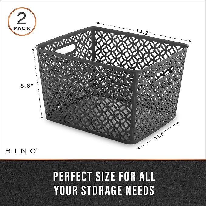 BINO l Plastic Storage Baskets, XLarge - Grey | THE BLOSSOM COLLECTION l Multi-Use Organizer Bin l Built-in Handles l Plastic Woven Basket for Organizing l Pantry & Home Organizing Basket