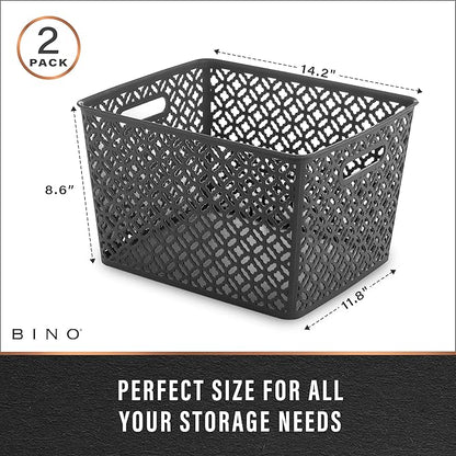 BINO l Plastic Storage Baskets, XLarge - Grey | THE BLOSSOM COLLECTION l Multi-Use Organizer Bin l Built-in Handles l Plastic Woven Basket for Organizing l Pantry & Home Organizing Basket