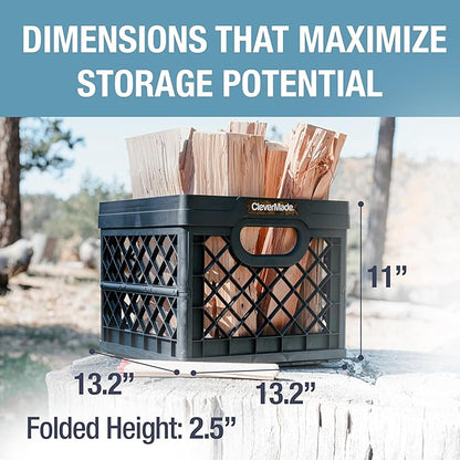 CleverMade Collapsible Milk Crate 25L (6.6 Gal) 3 Pack, 50 lb Capacity Heavy Duty Folding Crate – Stackable Storage Crates with File Rails, Plastic Collapsible Crates - Obsidian