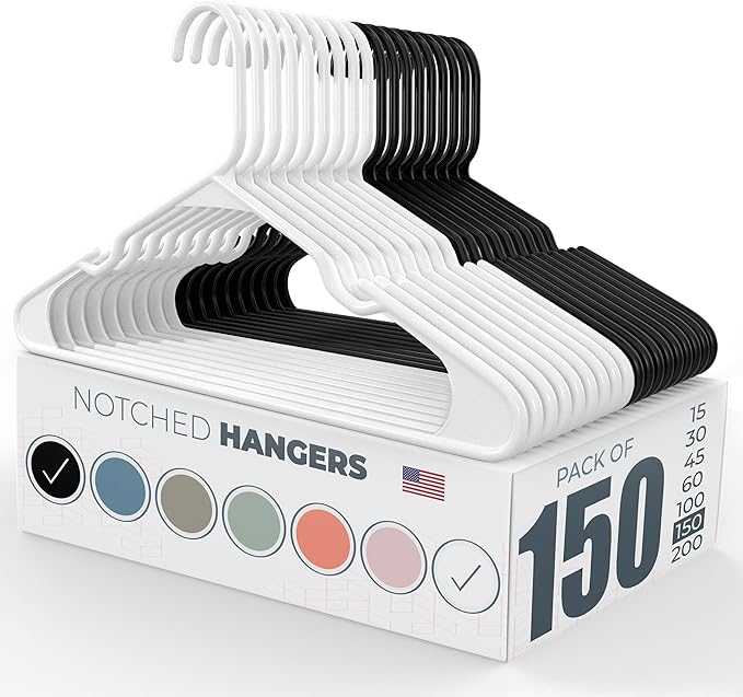 Plastic Hangers 100+ Pack (150 Count) – Made in The USA – 6lb Capacity Standard Clothes Hangers with Notches and Reinforced Edges for Dresses, Shirts, Pants, and Jackets – White & Black