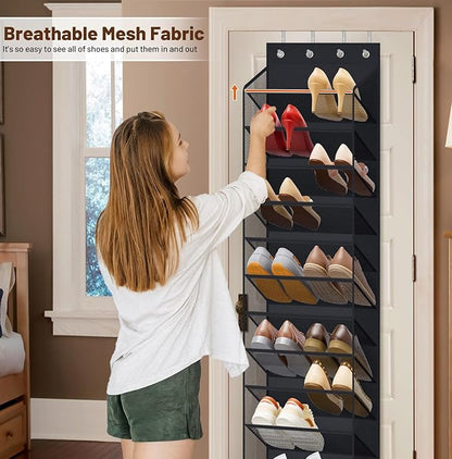 MISSLO 12 Tier Over the Door Shoe Organizer Hanging Shoe Rack for Closet Storage Sneaker Holder for Door Fit 24 Pairs Sandals, Heels, Boots (Black)