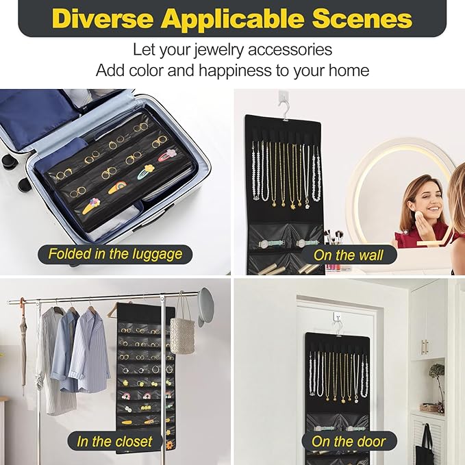 Hanging Jewelry Organizer with Multi-size pockets Double-Sided Jewelry Holder for Earrings, Necklaces, Rings on Closet, Wall, Door,Jewelry Organizer Hanging for Closet, Black