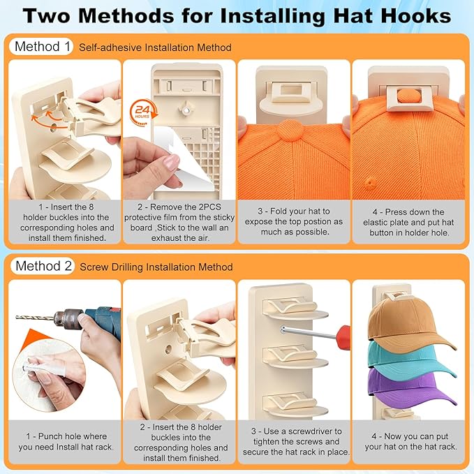 2 Pack Hat Organizer for Baseball Caps, Hat Rack for Wall, Strong Adhesive & Screw-in Cap Holder Hat Hangers for Closet Door & Bedroom (Beige-2Pack)