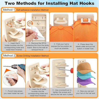 2 Pack Hat Organizer for Baseball Caps, Hat Rack for Wall, Strong Adhesive & Screw-in Cap Holder Hat Hangers for Closet Door & Bedroom (Beige-2Pack)