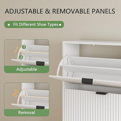 Xixini Shoe Cabinet with 2 Flip Drawers, 37" Tall Narrow Fluted Shoe Storage Organizer for Entryway, Hidden Slim Wooden Shoe Rack Cabinet for Front Door Entrance, Hallway, Living Room, Solid White