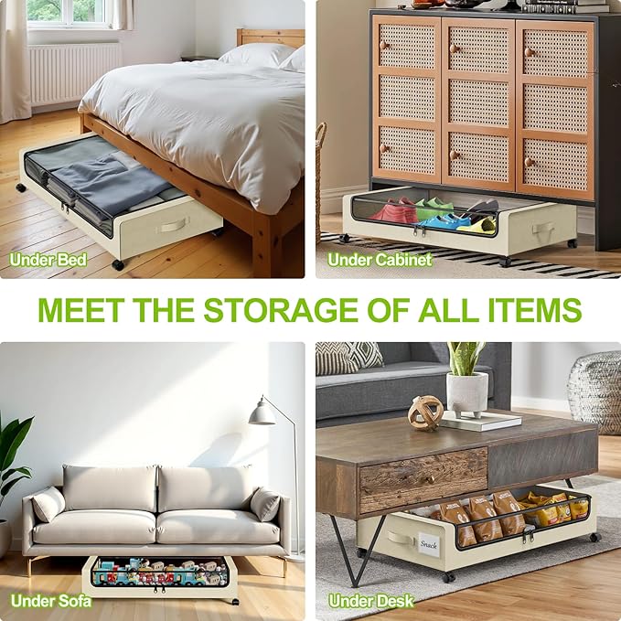 Molutsody Under Bed Storage with Wheels, 4-Pack UnderBed Storage Containers with Clear Lids, Under Bed Shoe Storage Organizer, Rolling Under Bed Storage for Clothes Shoes Blankets (Beige)