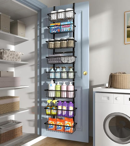 Mefirt 12 Inch Wide Narrow Over The Door Pantry Organizer, Pantry Organization and Storage, Black 8-Tier Metal Hanging Deep Basket Wall Spice Rack Seasoning Shelves, Home & Kitchen Essentials
