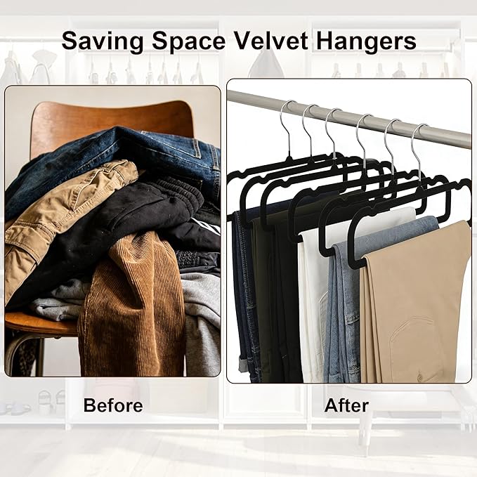 10 Pack Black Velvet Pants Hangers, Felt Plastic Hangers for Space Saving, Flocked Clothing Hanger Heavy Duty Non Slip with 360 Swivel Hook for Coat Jeans Shorts Skirts Tank Top