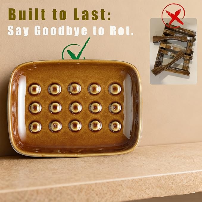 Miamolo Soap Dish for Shower, Ceramic Soap Dish for Bar Soap Sponge, Soap Holder Saver Tray for Bath Kitchen Sink Bathtub, Farmhouse Decor, Raised Pattern - Keep Soap Dry, Dark Brown