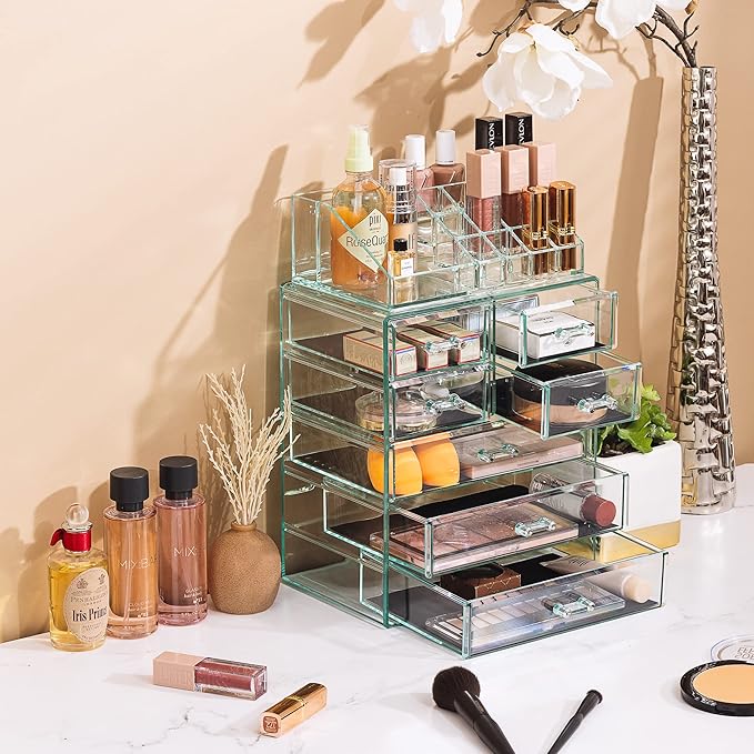 Sorbus Acrylic Makeup Organizer Set, 7-Drawer Vanity & Countertop Cosmetic Storage with Small & Wide Compartments, Teal Thrill Makeup Storage for Brushes, Jewelry – Holiday Gift for Women & Teens