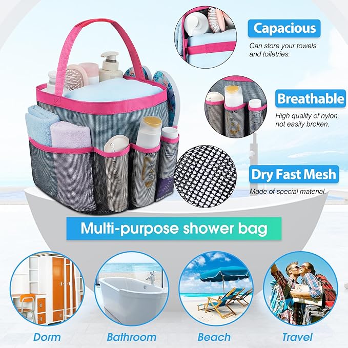 Attmu Mesh Shower Caddy Portable for College Dorm Room Camping Essentials, Shower Caddy Dorm with 9-Pockets, Large Capacity Hanging Basket Bathroom Bag for Toiletry, Swimming, Gym, Camp, Beach