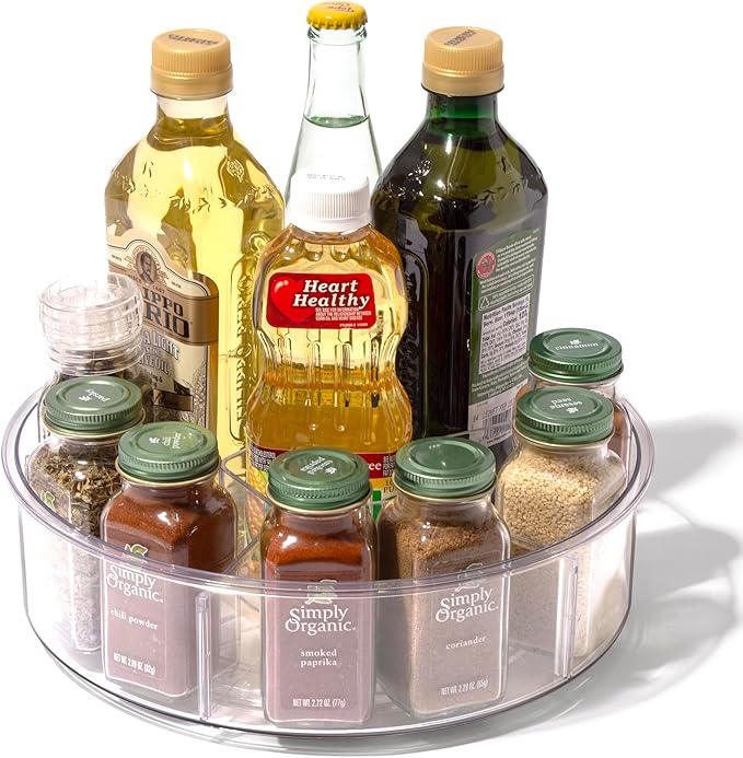 BINO Plastic Round Turntable Organizer with 6 Compartments - Clear | Spinning Divided Turntable Container | Rotating Organizer Storage for Bottle Condiments Fridge Kitchen Counter Pantry Bathroom