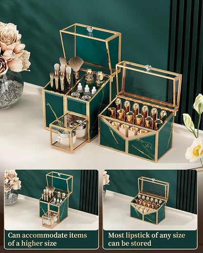 CoralHouse Makeup Organizer Countertop Set – Vanity Holder with 18-Slot Lipstick Organizer & Covered Makeup Brush Holder – Skincare, Perfume & Cosmetic Display for Bathroom or Dresser